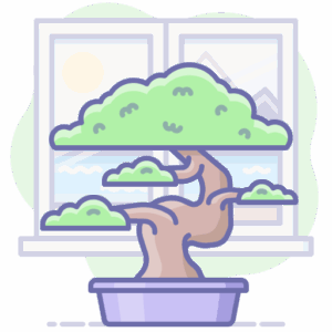Bonsai vor Fenster mit Berglandschaft