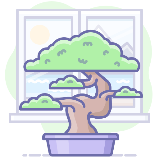 Bonsai vor Fenster mit Berglandschaft