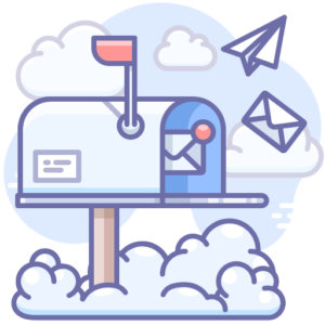 Illustration Postkasten, Flugzeug, Briefe und Wolken.