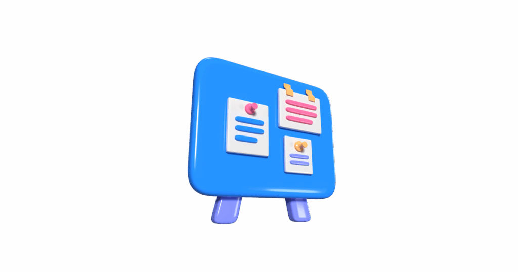 3D-Illustration eines blauen Whiteboards mit Notizen
