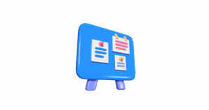 3D-Illustration eines blauen Whiteboards mit Notizen