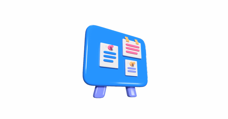 3D-Illustration eines blauen Whiteboards mit Notizen