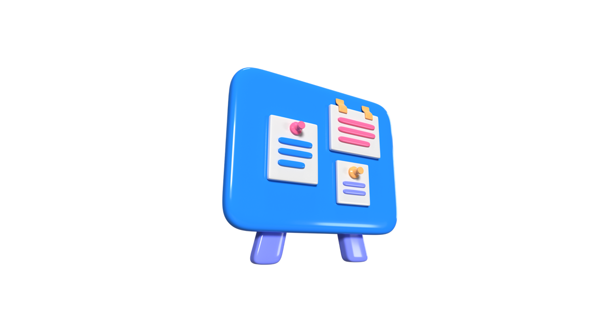 3D-Illustration eines blauen Whiteboards mit Notizen