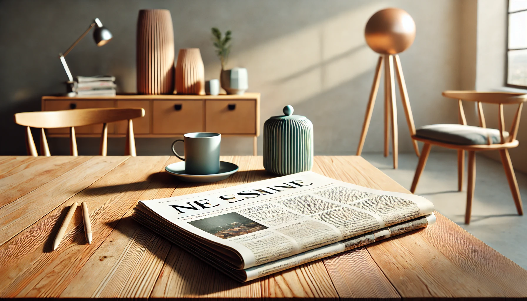 Zeitung auf Holztisch neben Tasse im Wohnzimmer.