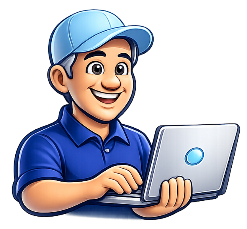 Cartoon-Techniker mit Laptop und blauer Kappe