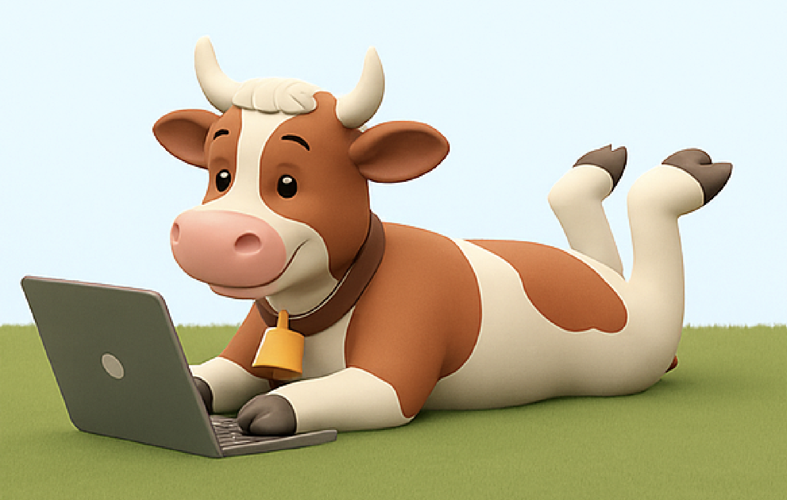 Kuh mit Laptop auf Wiese liegend