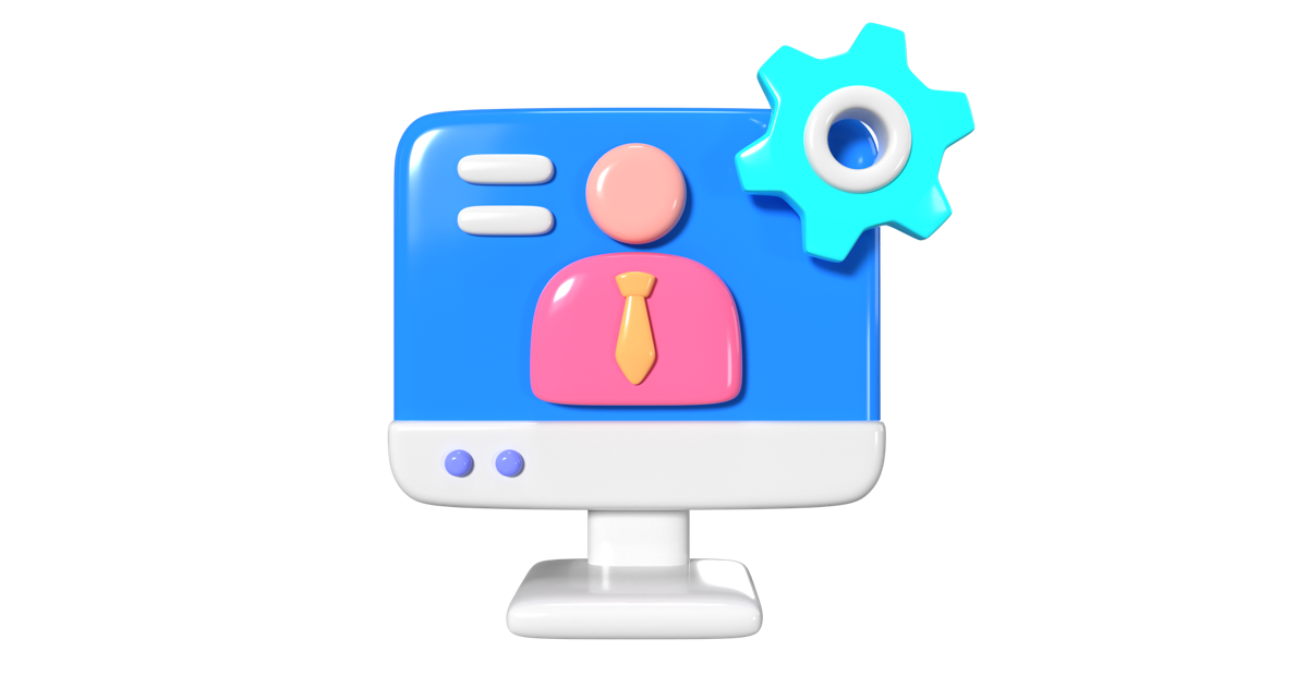 3D-Avatar mit Zahnrad und Monitor-Icons