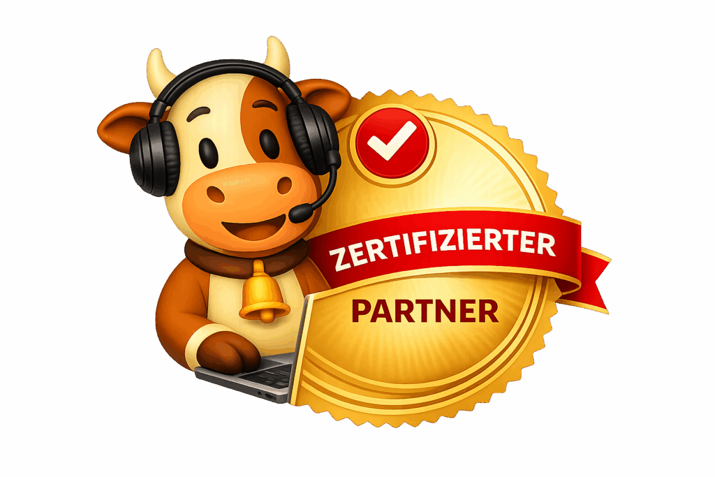 Kuh mit Laptop und Zertifikat